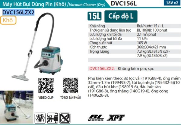 Máy Hút Bụi Dùng Pin Makita DVC156LZX2 (khô/bl)(18vx2) (không kèm pin sạc)