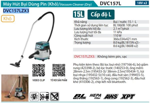 Máy Hút Bụi Dùng Pin Makita DVC157LZX3 (khô/aws/hepa/bl) (không kèm pin sạc)