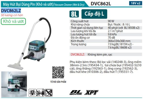 Máy Hút Bụi Dùng Pin Makita DVC862LZ (18vx2) (không kèm pin sạc)