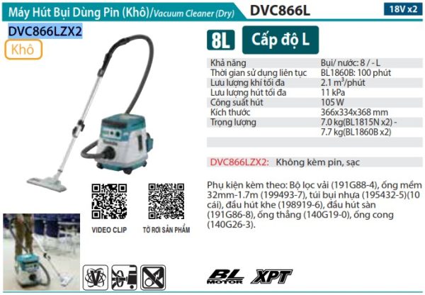 Máy Hút Bụi Dùng Pin Makita DVC866LZX2 (bl)(18vx2) (không kèm pin sạc)