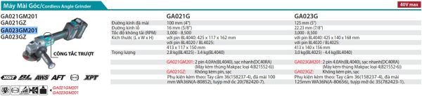 Máy Mài Góc Dùng Pin Makita GA023GM201 (125mm/công tắc trượ (kèm 02 pin 4.0ah + sạc nhanh)