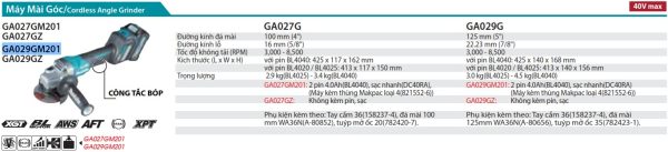 Máy Mài Góc Dùng Pin Makita GA029GM201 (125mm/công tắc bóp/ (kèm 02 pin 4.0ah + sạc nhanh)