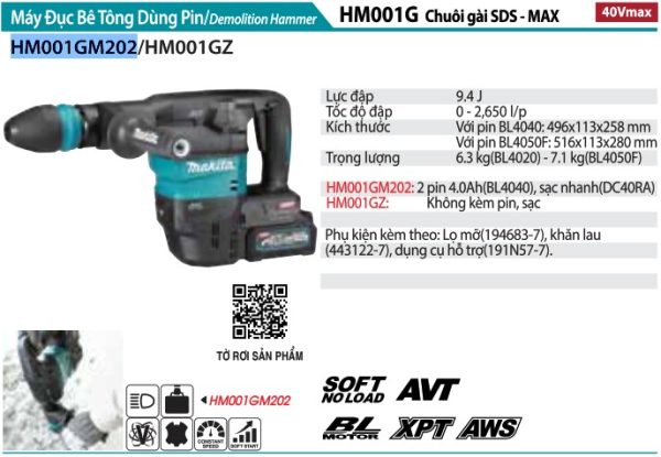 Máy Đục Bê Tông Dùng Pin Makita HM001GM202 (chuôi gài sds-m (kèm 2 pin 4.0+ sạc nhanh)