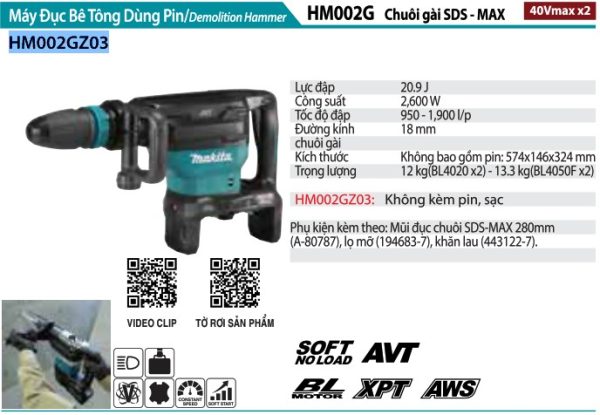 Máy Đục Bê Tông Dùng Pin Makita HM002GZ03 (chuôi gài sds-m (không kèm pin sạc)