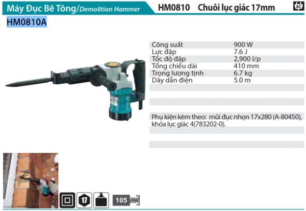 Máy Đục Bê Tông Makita HM0810A (chuôi lục giác 17mm)