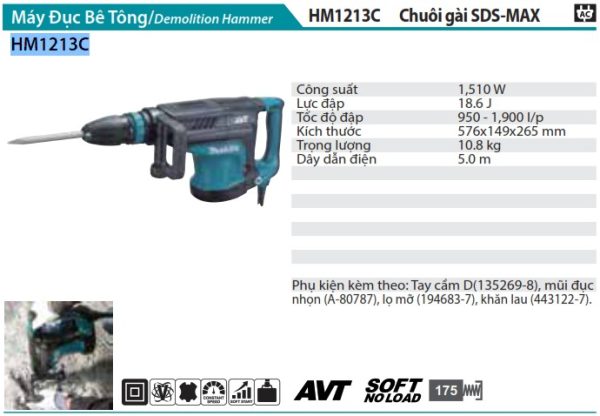 Máy Đục Bê Tông Makita HM1213C (chuôi gài sds-max)