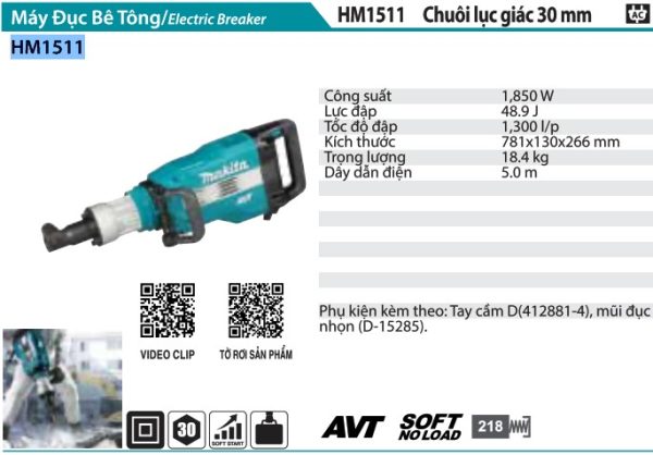 Máy Đục Bê Tông Makita HM1511 (chuôi lục giác 30mm/avt)