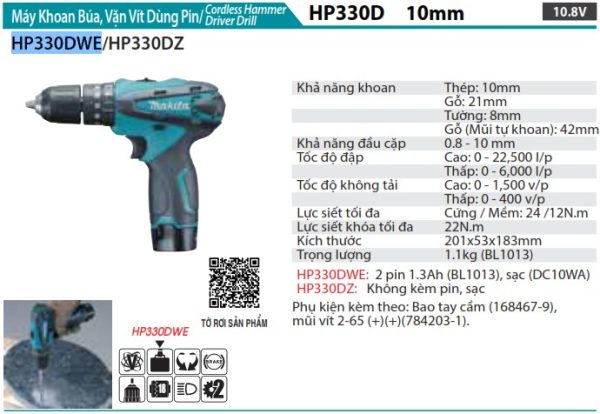 Máy Khoan Búa, Vặn Vít Dùng Pin Makita HP330DWE (10.8v) (kèm 02 pin 1.5ah + sạc)