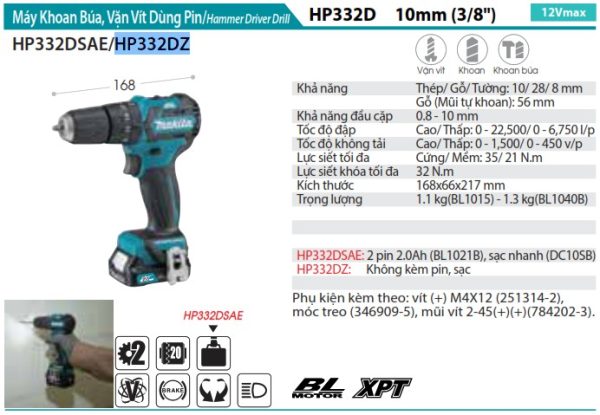 Máy Khoan Búa, Vặn Vít Dùng Pin Makita HP332DZ (bl) (không kèm pin sạc)