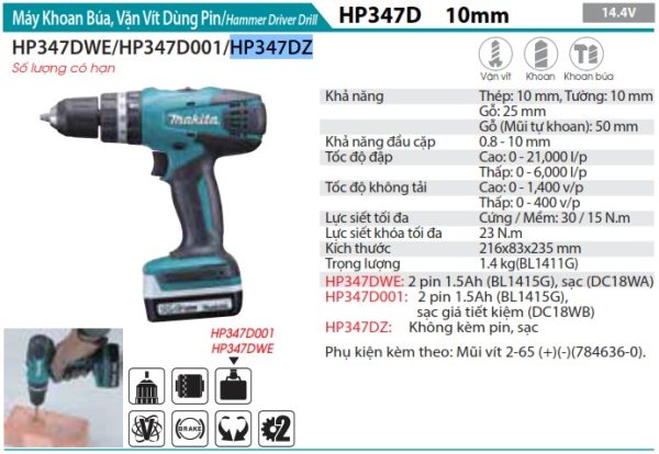 Máy Khoan Búa, Vặn Vít Dùng Pin Makita HP347DZ (14.4v) (không kèm pin sạc)