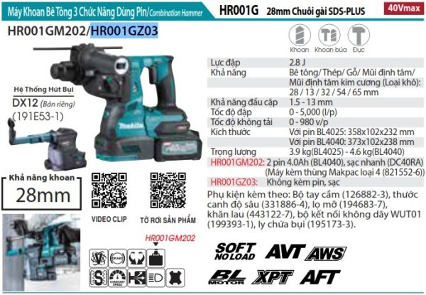 Máy Khoan Bê Tông 3 Chức Năng Dùng Pin Makita HR001GZ03 ((không kèm pin sạc)