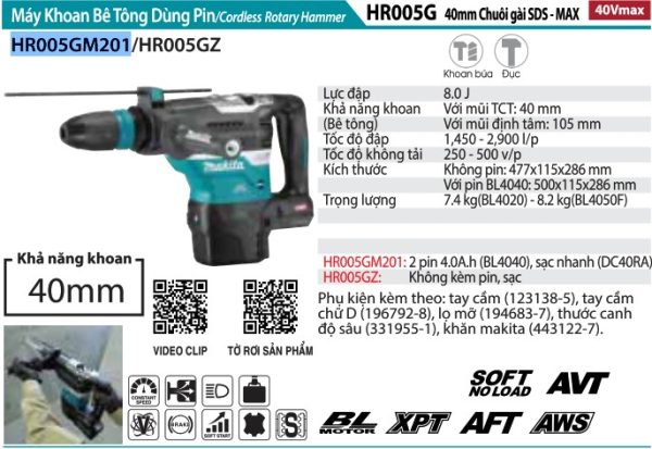 Máy Khoan Bê Tông Dùng Pin Makita HR005GM201 (chuôi gài sd (kèm 02 pin 4.0ah + sạc nhanh)