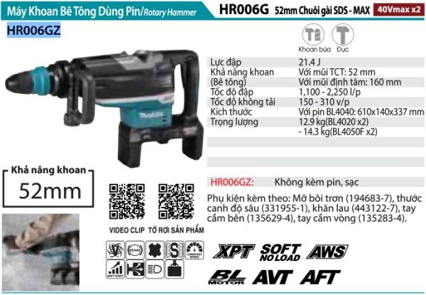 Máy Khoan Bê Tông Dùng Pin Makita HR006GZ (chuôi gài sd (không kèm pin sạc)