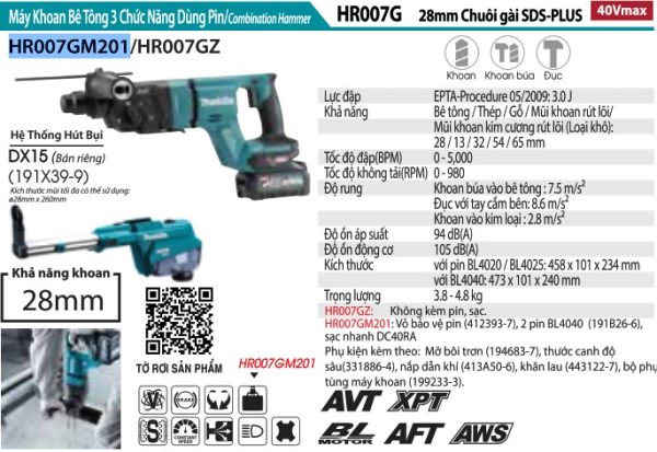 Máy Khoan Bê Tông 3 Chức Năng Dùng Pin Makita HR007GM201 (kèm 02 pin 4.0ah + sạc nhanh)