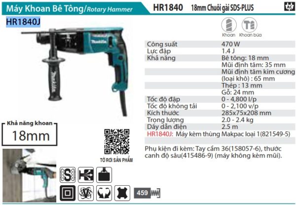 Máy Khoan Bê Tông Makita HR1840J (chuôi gài sds-plus/18mm)