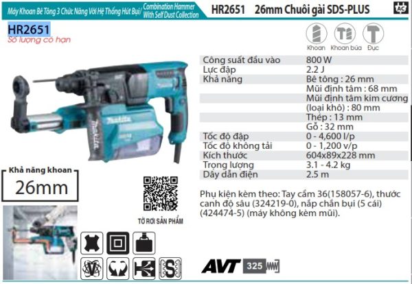 Máy Khoan Bê Tông 3 Chức Năng Với H Makita HR2651