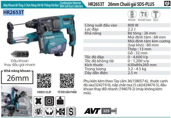 Máy Khoan Bê Tông 3 Chức Năng Với H Makita HR2653T