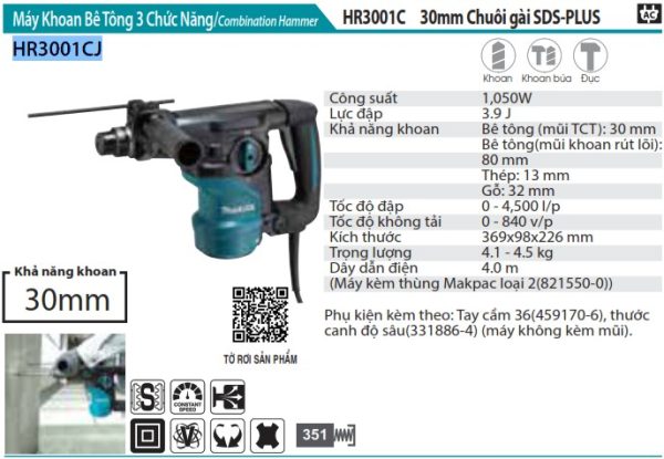 Máy Khoan Bê Tông 3 Chức Năng Makita HR3001CJ