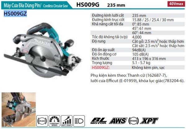 Máy Cưa Đĩa Dùng Pin Makita HS009GZ (235mm/có thể gắn tr (không kèm pin sạc)