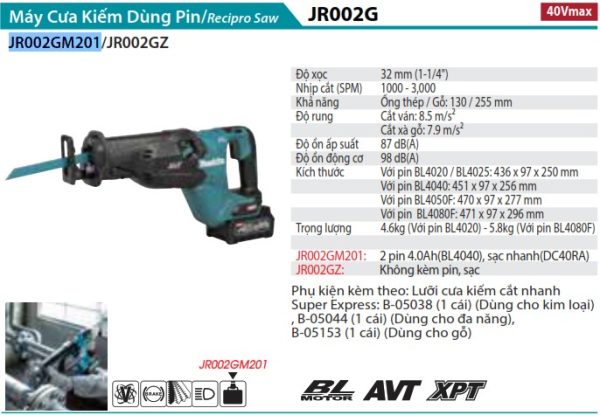 Máy Cưa Kiếm Dùng Pin Makita JR002GM201 (bl)(40v max) (kèm 2 pin 4.0+ sạc nhanh)