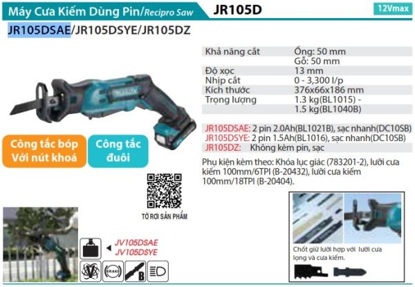 Máy Cưa Kiếm Dùng Pin Makita JR105DSAE (12v max) (kèm 02 pin 2.0 + sạc)