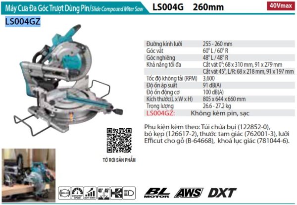 Máy Cưa Đa Góc Trượt Dùng Pin Makita LS004GZ (260mm/aws/ (không kèm pin sạc)