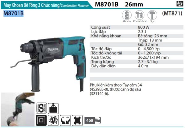 Máy Khoan Bê Tông 3 Chức Năng Makita M8701B