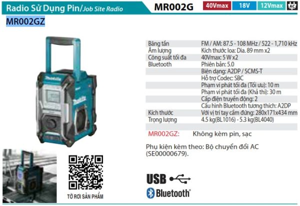 Radio Sử Dụng Pin Makita MR002GZ (40v max/18v/14.4v/12v (không kèm pin sạc)