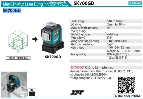 Máy Cân Mực Laser Tia Xanh Dùng Pin Makita SK700GD (12v (không kèm pin sạc)