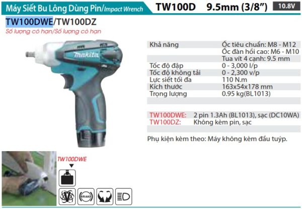 Máy Siết Bu Lông Dùng Pin Makita TW100DWE (9.5mm)(10.8v) (kèm 02 pin 1.5ah + sạc)