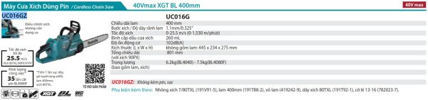 Máy Cưa Xích Dùng Pin Makita UC016GZ (400mm/80txl/ (không kèm pin sạc)