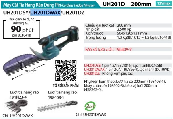 Máy Cắt Tỉa Hàng Rào Dùng Pin Makita UH201DWAX (12v max) kèm (01 pin 2.0ah + sạc nhanh)