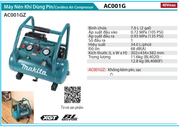 Máy Nén Khí Dùng Pin Makita AC001GZ (BL) (40v Max)