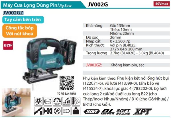 Máy Cưa Lọng Dùng Pin 40V Max Makita JV002GZ